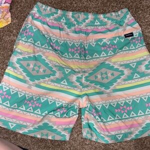 Chubbies Turquoise Swim Trunks with Pink & Peach Accents